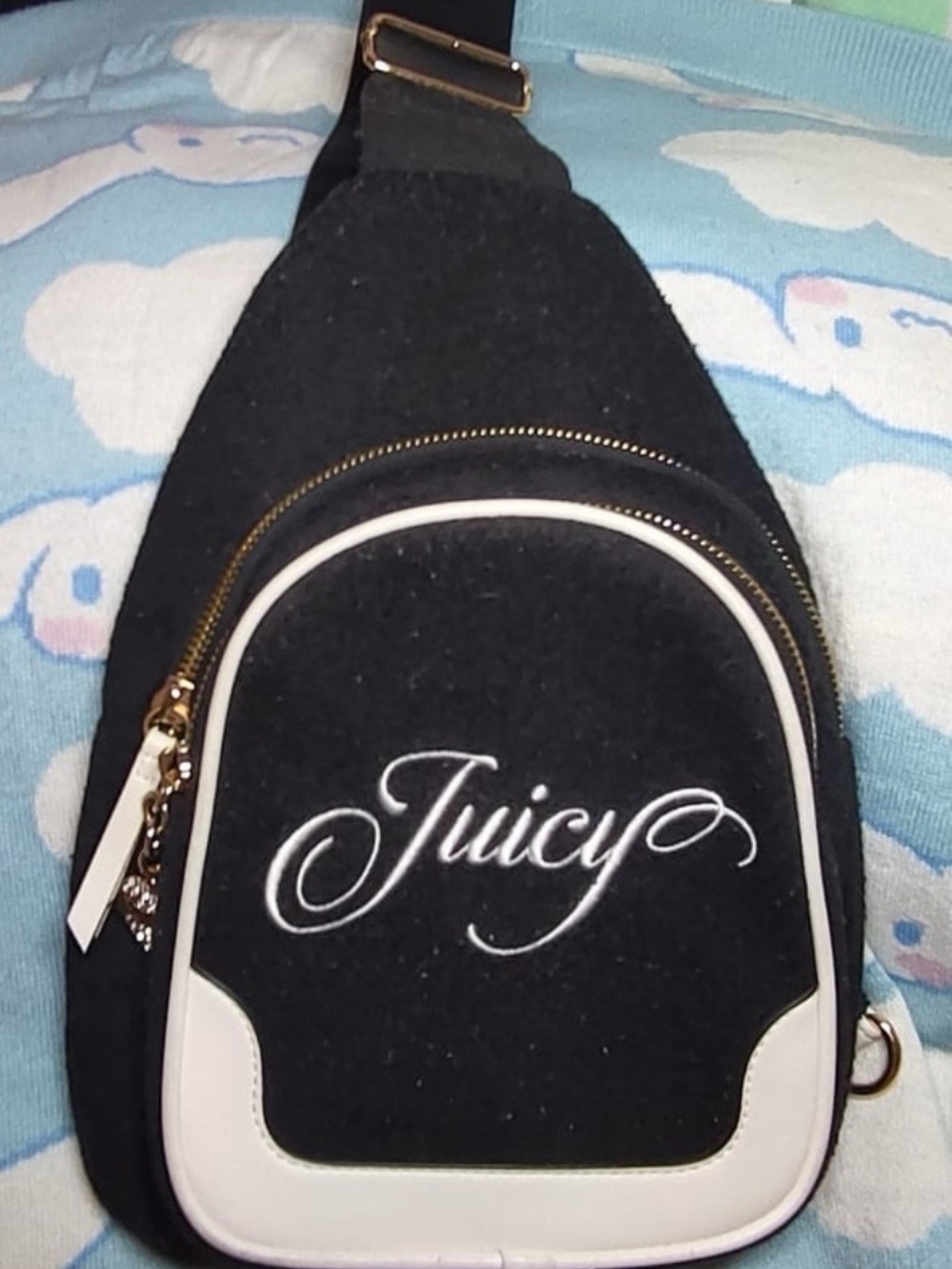 Juicy Couture Black and White Crossbody Sling Bag with Embroidered Logo